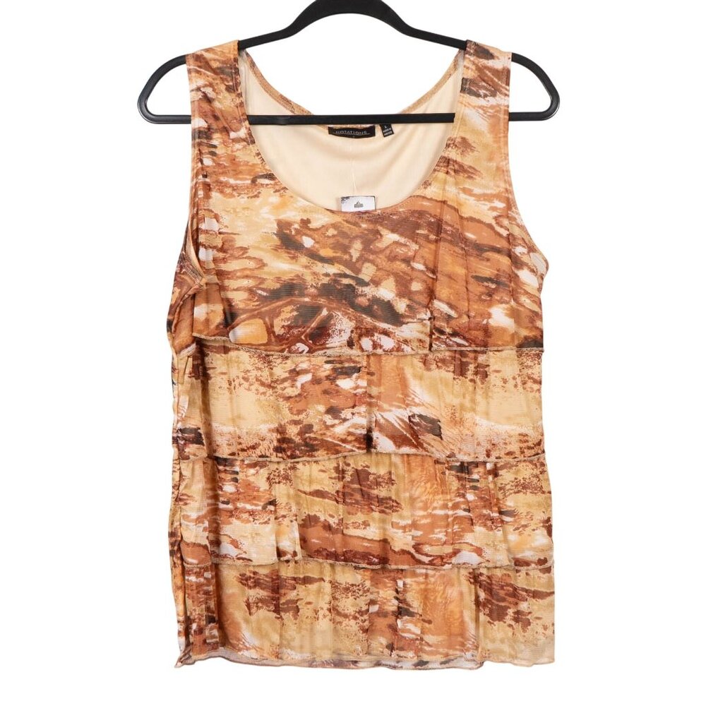 Notations Tank Top L Womens Brown Beige Ruffled Layers Abstract Sleeveless Top - Picture 1 of 7